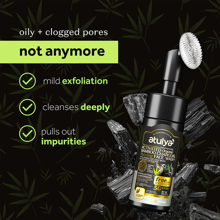 Atulya Activated Organic Bamboo Charcoal Foaming Face Wash With Silicone Brush - 150gm