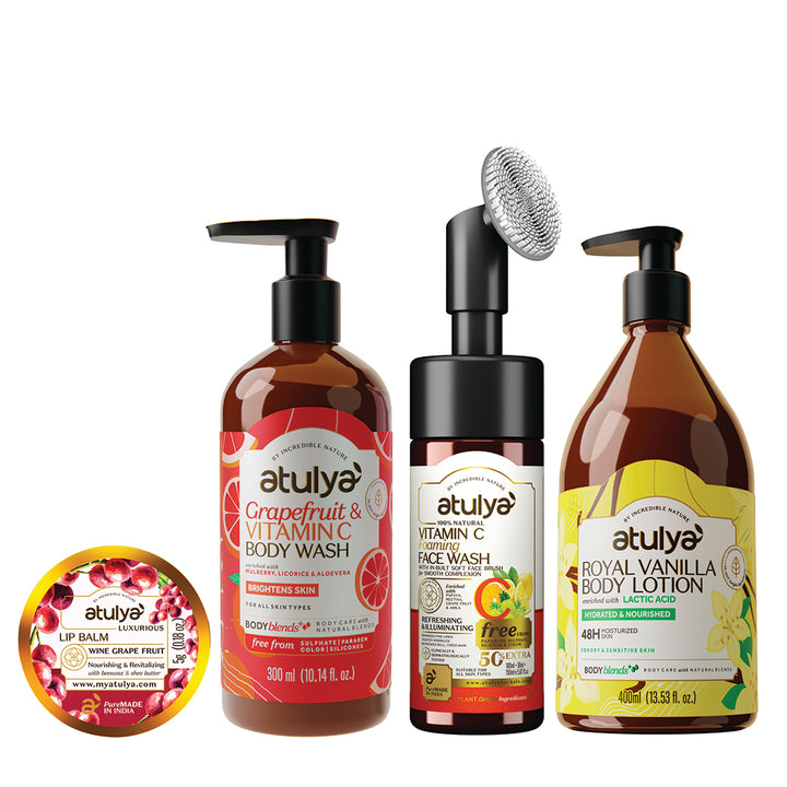 Atulya Complete Glow and Nourish Care Kit – Vitamin C Body Wash, Foaming Face Wash, Body Lotion and Wine Grape Lip Balm