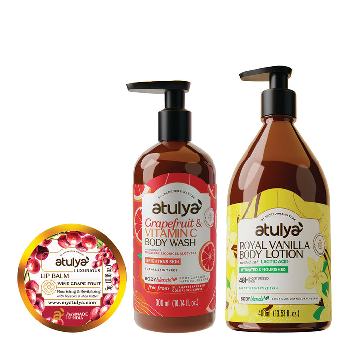 Atulya Vitamin C and Vanilla Nourishing Care Trio – Body Wash, Body Lotion and Wine Grape Lip Balm