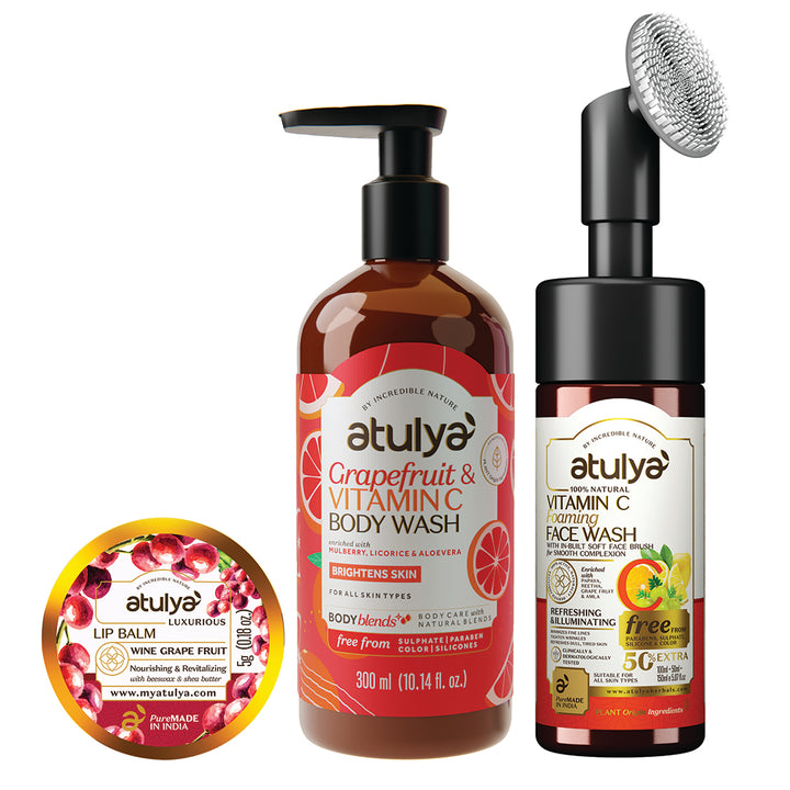 Atulya Vitamin C Glow Care Trio – Body Wash, Foaming Face Wash & Wine Grape Lip Balm