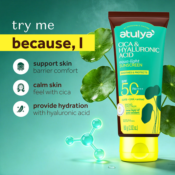 Atulya Bamboo Charcoal Foaming Face Wash with Brush and Cica Hyaluronic Acid Sunscreen SPF 50 PA++++ Combo