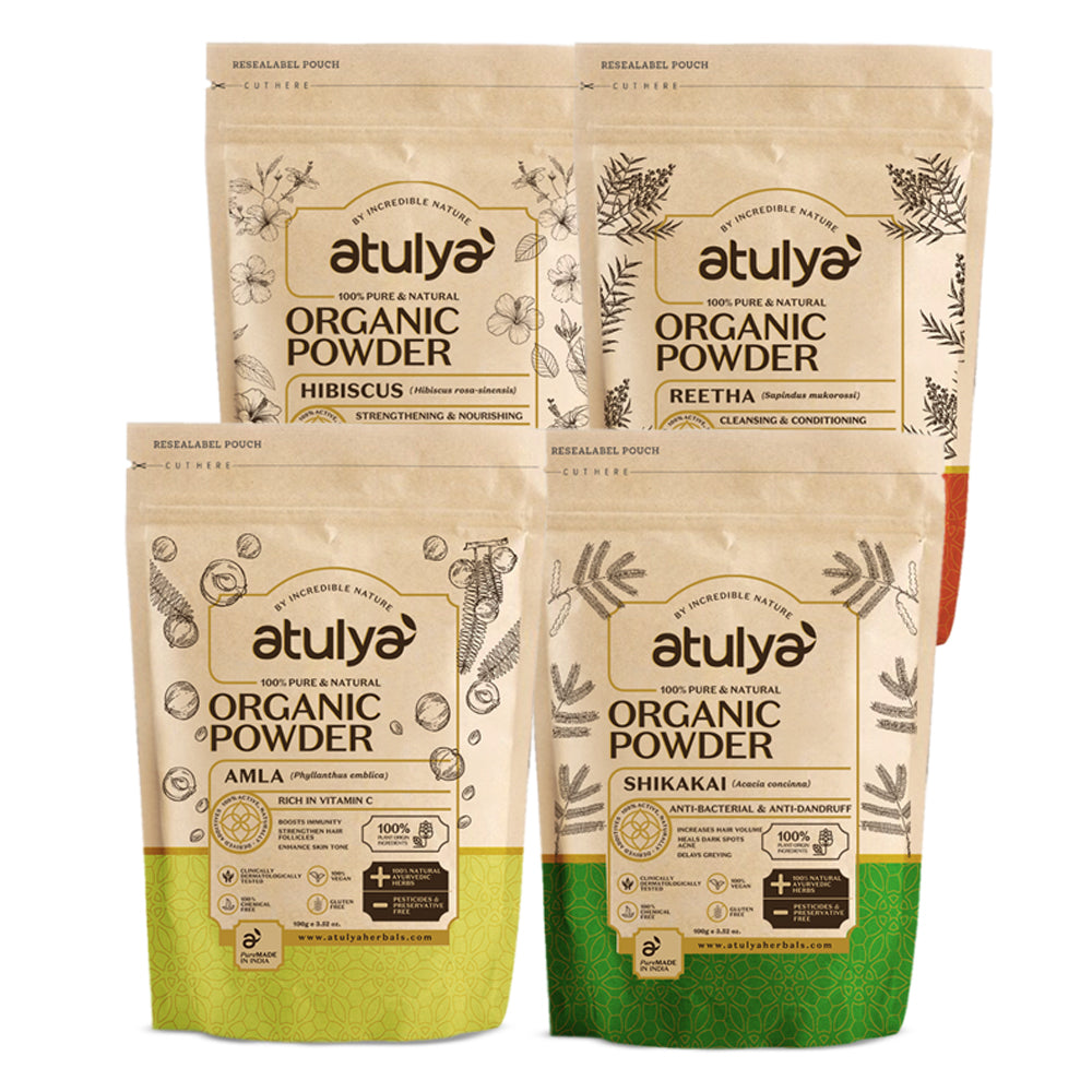 atulya 100% Pure & Natural Organic Powder Hibiscus, Reetha, Amla, Shikakai Powder (Pack of 4)